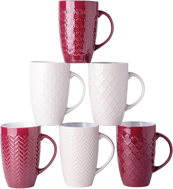 AmorArc Large Coffee Mugs Set of 6, 16oz Ceramic Tall Coffee Mugs Set with Textured Geometric Patterns for Coffee/Tea/Beer/Hot Cocoa, Dishwasher & Microwave Safe, Beige&Burgundy