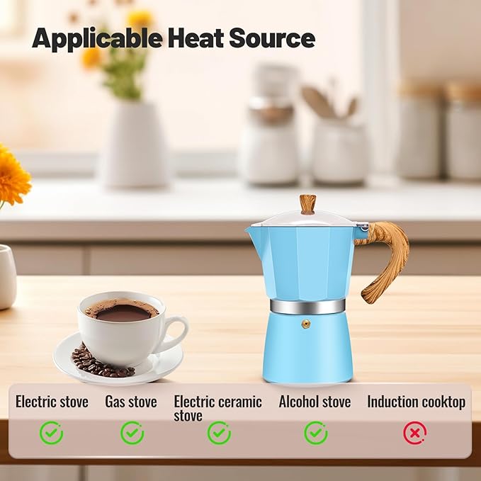 Vaolvpant 3 Cup Aluminum Moka Pot Classic Stovetop Espresso Coffee Maker 150ml 5oz Coffeemaker Percolator Mocha Pot Greca Coffee Maker Cafe Makers for Italian and Cuban Café Brewing Blue