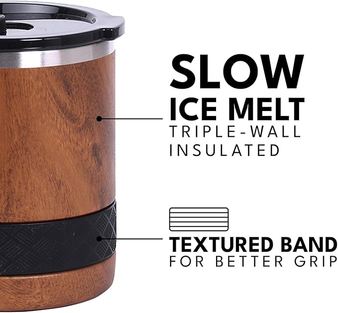 Elemental Recess Lowball Tumbler Set of 2, 10oz Triple Wall Stainless Steel Cup with Non-Shattered Tritan Lid, Insulated Whiskey Glass, Insulated Coffee Tumbler Mug for Hot & Cold Drinks - Teakwood