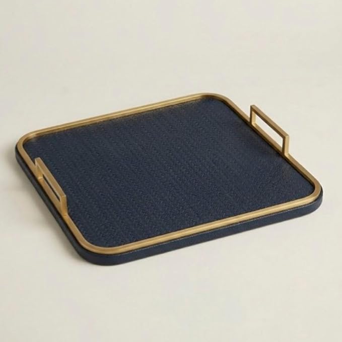 Preston Lane Mayfair Decorative Tray – Vegan Leather with Woven Texture, Brushed Brass Handles – Serving, Dresser & Coffee Table Tray, Maritime