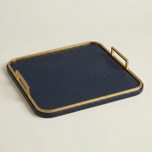 Preston Lane Mayfair Decorative Tray – Vegan Leather with Woven Texture, Brushed Brass Handles – Serving, Dresser & Coffee Table Tray, Maritime
