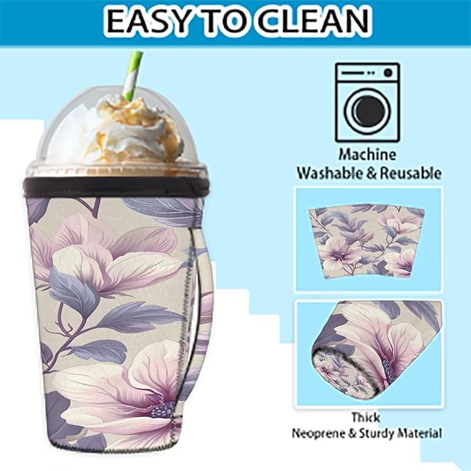 Reusable Iced Coffee Cup Sleeve Flowers Leaf Neoprene Insulated Sleeves Cup Holder with handle Idea for 24oz - 28oz