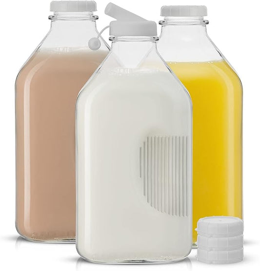 JoyJolt Glass Milk Bottles with Lids and Pourer – 64 Oz, 3 Pack Airtight Heavy Duty Reusable Glass Bottles, Leakproof, BPA-Free, Food Grade, Dishwasher Safe Jug, Pitcher for Milk, Juice, and Water