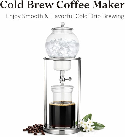 Nispira Luxury Ice Cold Brew Dripper Coffee Maker in Stainless Steel and Borosilicate Glass, 1000 ml Silver