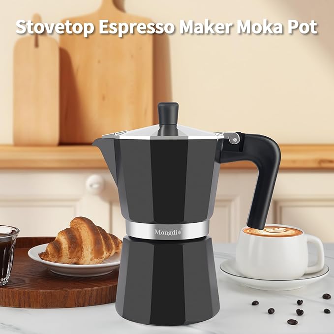 Mongdio Stovetop Espresso Maker Moka Pot, Stove Top Cuban Coffee Maker, Italian Greca Mocha Pot, 6 Espresso Cups, 10 oz - Black