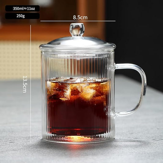 11OZ Double Walled Coffee Mugs Glass with Lid Handles,Cups for Latte,Hot Tea,Cappuccino, Mocha,Cocoa,Hot & Cold Beverages Glasses Heat Resistant Coffee Cups(CLEAR)