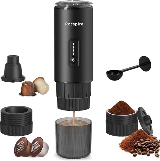 Portable Espresso Maker with Stainless Steel Body | 7500mAh Rechargeable Battery | 20 Bar Self-Heating with USB-C | Works with Most Capsules Compatible for Camping, Travel, Outdoor (Black)