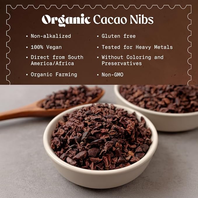 NaturaleBio Cacao Nibs Organic 2 lb. Unsweetened, Non-Alkalized and Pure. Sugar-Free Dark Chocolate Chips Substitute. Non-GMO, Gluten Free, Tested for Heavy Metals. From Raw Cacao Beans