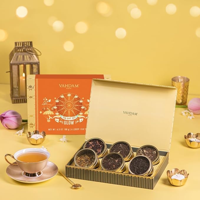VAHDAM, GLOW - Assorted Valentines Day Tea Gift Set (6 Loose Leaf Tea) Tin Caddy Presentation Box | Gluten Free, Non GMO | Valentines Day Gifts for Him & Her