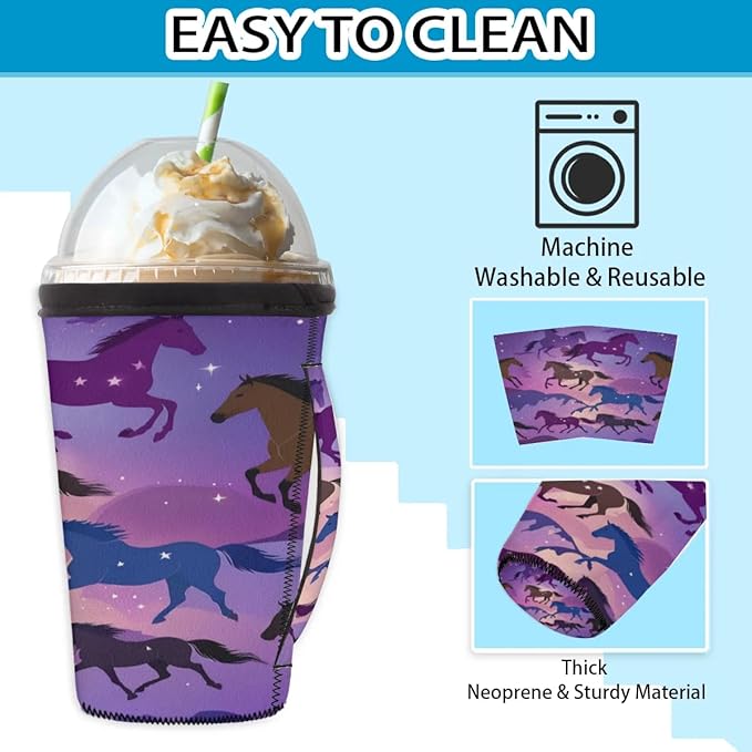 Reusable Iced Coffee Sleeve with Handle, Purple Horses Neoprene Cup Sleeve Colorful Horse Art Insulator Cup Holder for Cold Drinks Beverages 24oz - 28oz