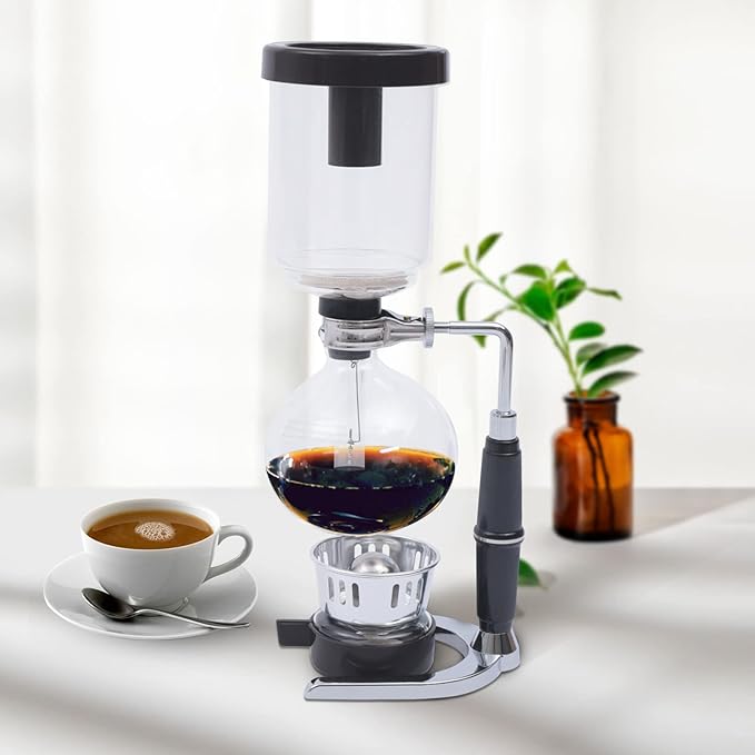 3-Cup Siphon Coffee Maker, Japanese Style Glass Vacuum Pot with Alcohol Burner, 360ml Tabletop Brewer for Premium Coffee & Tea, Transparent Brewing Experience-Black
