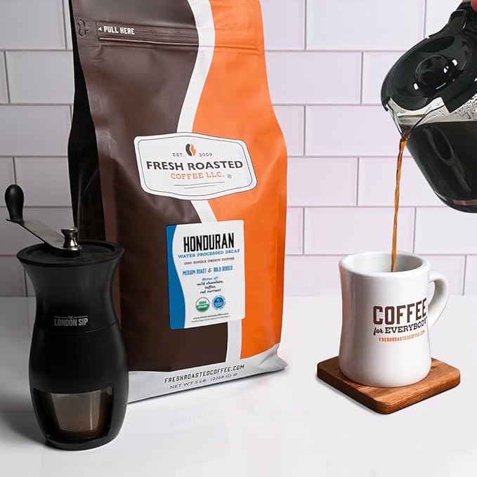 Fresh Roasted Coffee, Organic Honduran Water-Processed Decaf | USDA Organic, 100% Single Origin, Kosher | Medium Roast 5 lb (80 oz) Whole Bean