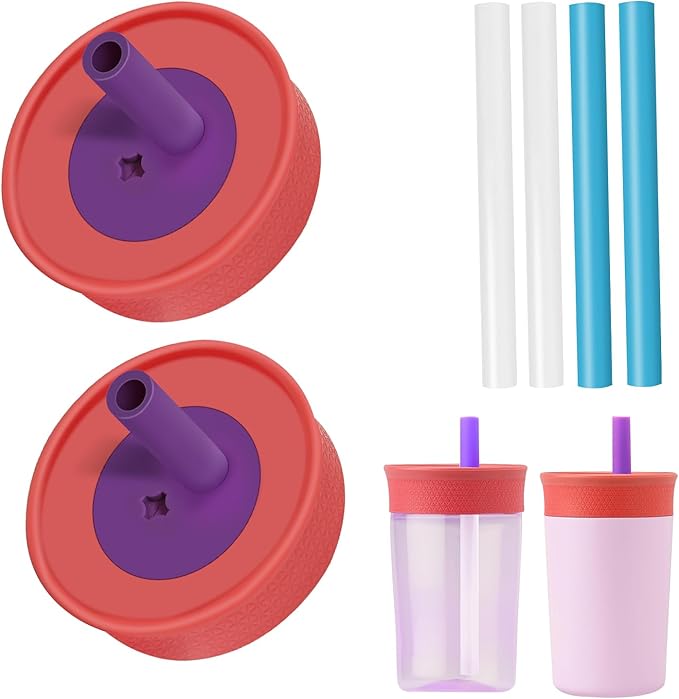 2 Pack Replacement Lids for Owala Kids Insulation Tumbler 12oz & 15oz, Spill Resistant Cap with 4 Flexible Straws, BPA-Free, Dishwasher Safe, Accessories for Owala Kids Bottle