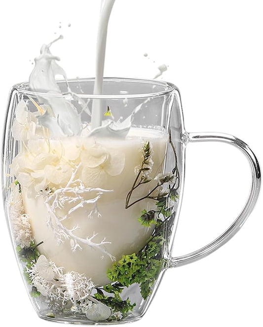 Flower Glass Double Wall Glass - 350ml Aesthetic Dried Flowers Double Wall Glass Coffee Mugs | Clear Glass Cups With Handle,Anti-Scalding Coffee Cups For Hot Beverages,Tea Or Coffee