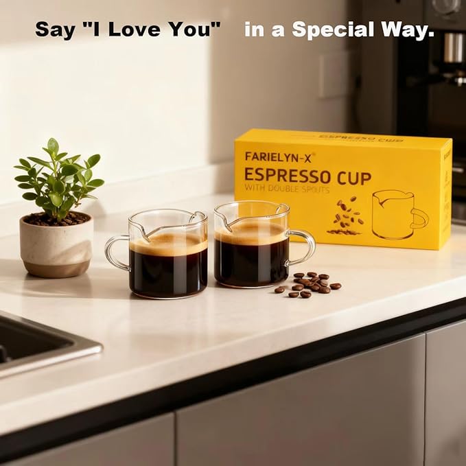 5 OZ Espresso Cups Set of 2, Double Spouts Cups, Shot Glasses, Milk Cup with Handle, Clear Glass, Espresso Accessories for Making Coffee Desserts Salad Dressing Machine (1 ounce more than others )