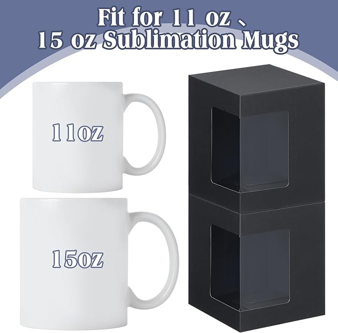 Harloon 72 Pcs Mug Boxes for Gift Coffee Mug Box Transparent Packaging Box for Blanks Sublimation 11oz, 12oz, 15oz Ceramic Blank Coffee Mugs Cups Gift Wrapping(Black)