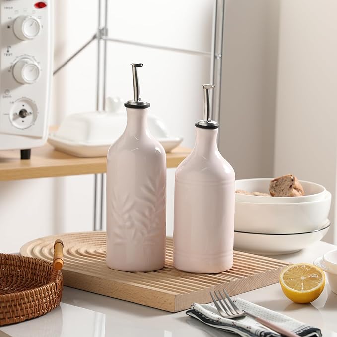Sweejar Ceramic Olive Oil Dispenser Bottle, Opaque Oil Cruet Protects to Reduce Oxidation, Suitable for Storage Vinegar, Coffee Syrups & Other Liquids, Pack of 1, 15.5 Fl Oz(Rose Quartz)