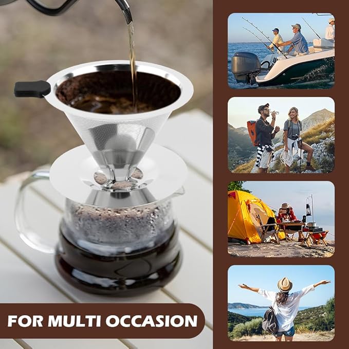 Pour Over Coffee Dripper, Stainless Steel Cone Coffee Filter with Base, Dual-Layer Fine Mesh Coffe Filter, Paperless Reusable Cone Coffee' Maker Dripper with Cleaning Brush(SIZE:S)