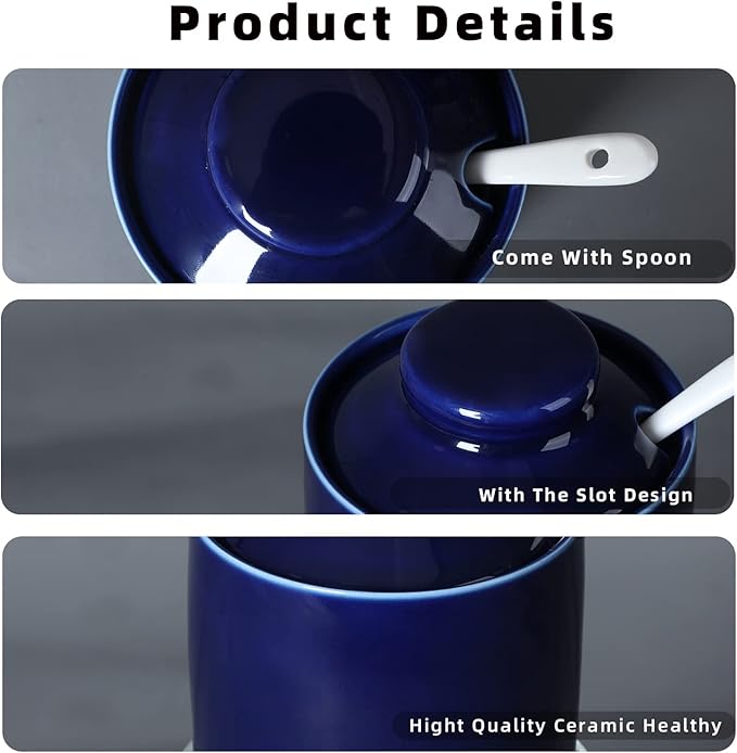 ONTUBE Ceramic Sugar Bowl with Lid and Spoon,Porcelain Sugar Pot,8oz (Navy)