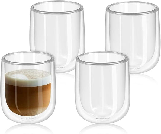 Navaris Double Wall Glass Cups - Thermal Insulated Drinking Glasses for Coffee, Tea, Latte, Cappuccino, Hot & Cold Drinks - 12 oz Each (Set of 4)