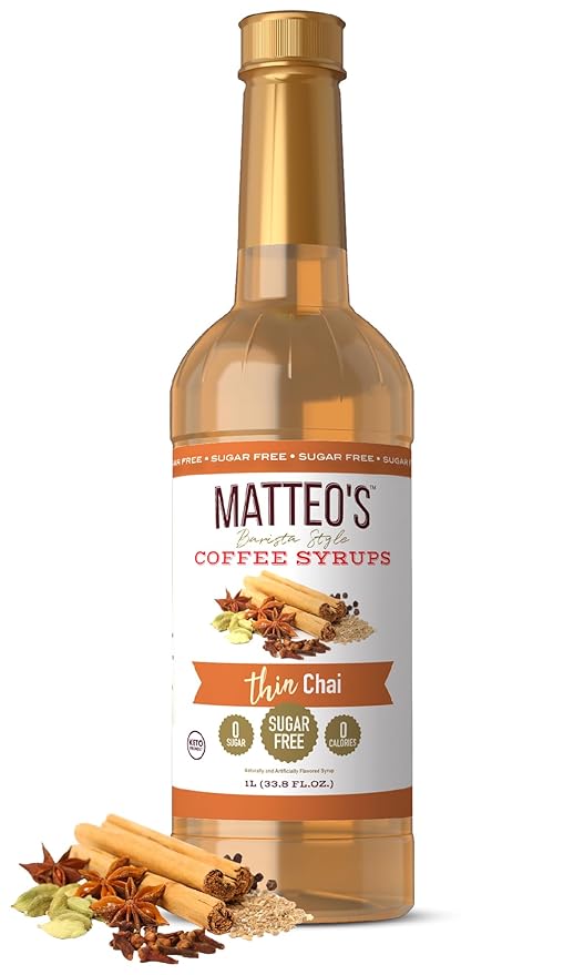 Matteo's Chai Syrup for Coffee, Lattes, Cappuccinos & Desserts – Sugar-Free Sweetener for Beverages, Keto Friendly, Zero Calories, Indulgent Flavor, Non-Alcoholic, Ideal for Hot Drinks 33.8oz (1pk)