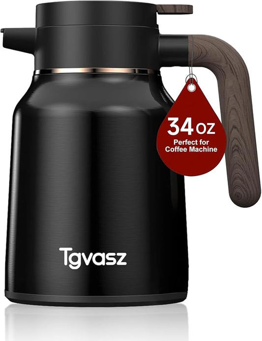 34 Oz Carafes for Hot Liquid, Stainless Steel Insulated Vacuum Thermal Coffee Carafes For Keeping Hot, 1 Liter Coffee Dispenser（Black)