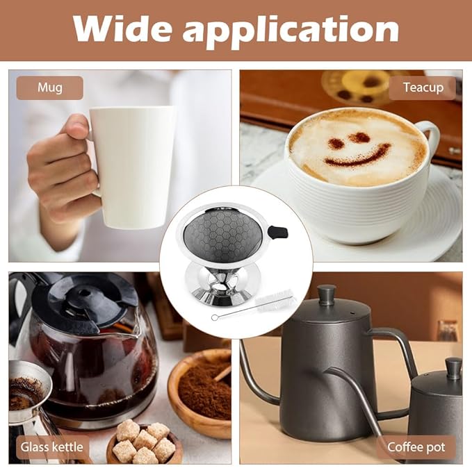 Pour Over Coffee Dripper, Double Mesh Coffee Filte-r Paperless Coffe-e Strainer Reusable Coffe-e Maker Dripper with Stand and Cleaning Brush(COLOR:Silver)