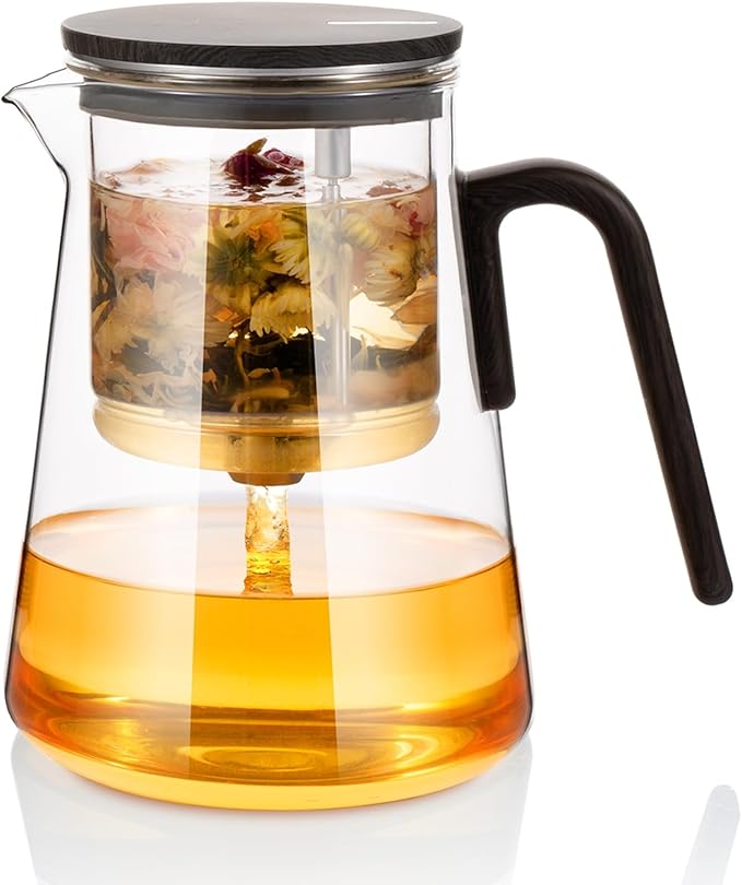 ZENS Magnetic Tea Pot, Large Enchanted Glass Teapot with Infuser and Magnetic Suction Lid for Mess-Free Loose Tea Diffusers, Black Walnut Pattern Handle, Tea Lovers Gifts