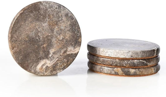 Natural Travertine Marble Coasters Set of 4, Round Gray Stone 4 Inch, Modern Drink Coasters for Home Decor, Coffee Table, Office