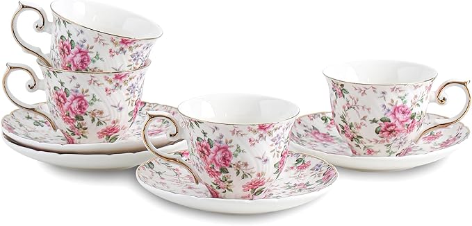 tea cups and saucers ceramic coffee mug 6oz for Coffee, Latte, Cafe Mocha and Tea-Set of 4 (Big flowers-Set of 4)
