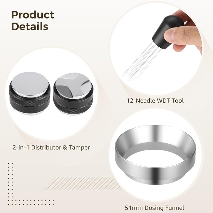 51mm Espresso Accessories Kit, Including Dual-Head Coffee Distributor, 12-Needle WDT Tool, Dosing Funnel, Espresso Tamper Set for Coffee Lovers Baristas