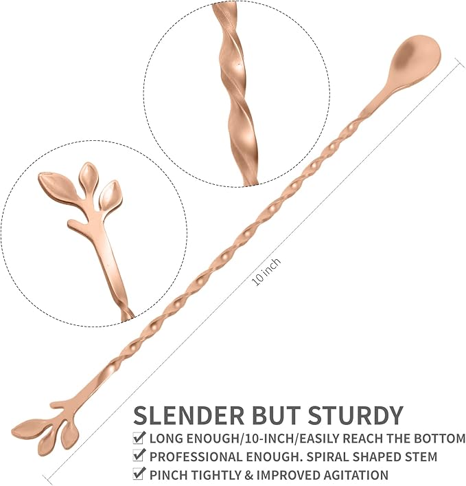 AnSaw Rose Gold 10-Inch Stainless Steel Cocktail Spoon with Leaf Handle - Perfect for Mixing & Layering Drinks in Tall Cups, Bar & Shakers - Durable Long Handle Bar Stirrer,2-Pieces