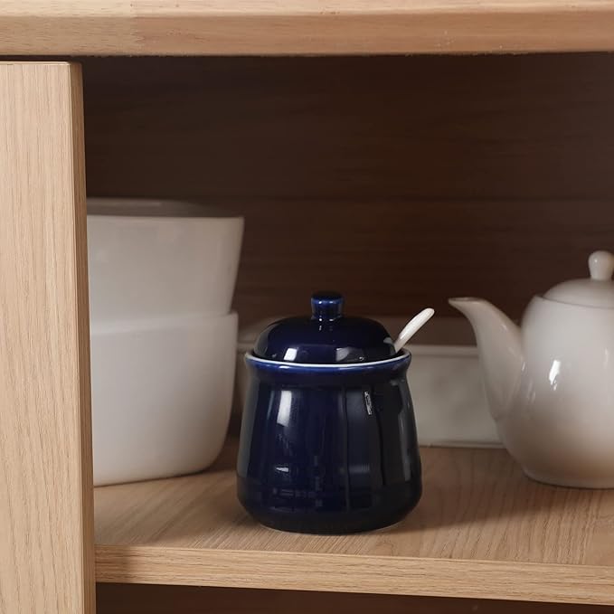 HAOTOP Porcelain Salt Bowl with Lid and Spoon,Ceramic Sugar Bowl 12oz (Navy)