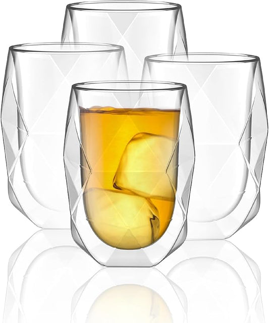 BTaT- Double Walled Glasses, 4 Pack, 12 oz (350 ml), Insulated Diamond Shaped Glass Cups, Double Wall Drinking Glasses for Iced Tea, Juices, Water, Cocktails, Hot and Cold Beverages