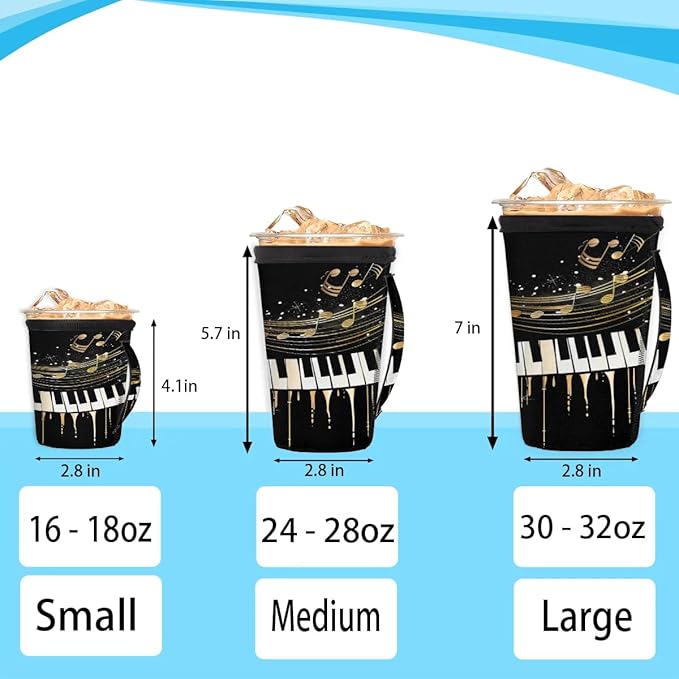 Reusable Iced Coffee Sleeve with Handle, Music Theme Neoprene Cup Sleeve Piano Keyboard Music Notes Insulator Cup Holder for Cold Drinks Beverages 30oz - 32oz