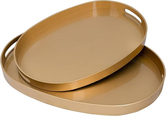 MAONAME Gold Serving Trays with Handles, Oval Decorative Tray for Coffee Table, Nesting Trays Set of 2, Plastic Vanity Tray for Ottoman, Living Room