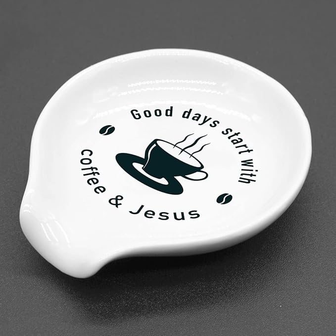 Funny Coffee Quote Ceramic Coffee Spoon Holder-Coffee Spoon Rest -Coffee Station Decor Coffee Bar Accessories-Coffee Lovers Gift for Women and Men (Good Days Start With Coffee and Jesus)