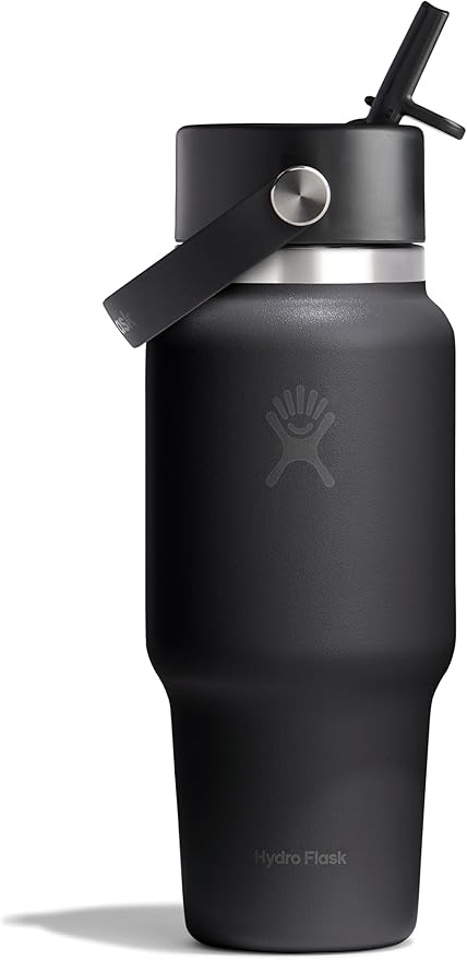 Hydro Flask Travel Water Bottle - Insulated Stainless Steel - Wide Straw Lid, Non Spill, Leakproof in 24 Oz Tonal Black