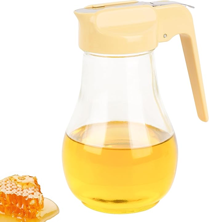 13.5 Oz Syrup Dispenser, No-Drip Pourers for Maple Syrup, Oil Dispenser Bottle with Non-Slip Handle, Honey Jar & Sirop Container, Reusable Syrup Bottle for Kitchen (Yellow)