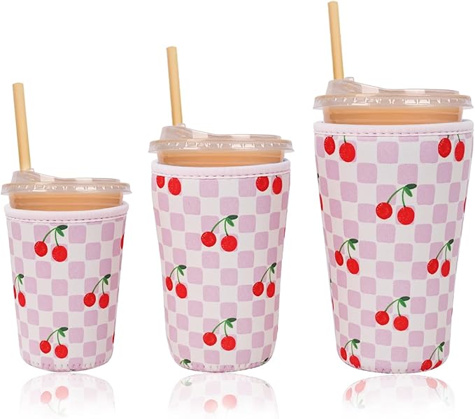 Reusable Insulated Neoprene Iced Coffee Cup Sleeve, Durable Drink Sleeve for Cold Beverages, Beverage Holder for Iced Coffee, Cherry Blush