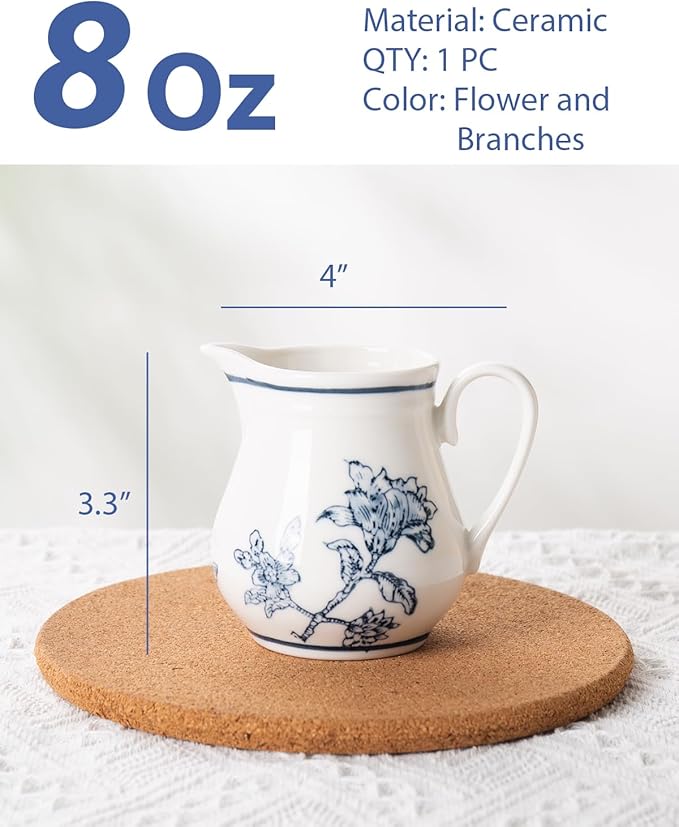 8Oz Creamer, Ceramic Milk Creamer Pitcher with Handle, Flowers and Branches