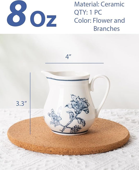 8Oz Creamer, Ceramic Milk Creamer Pitcher with Handle, Flowers and Branches