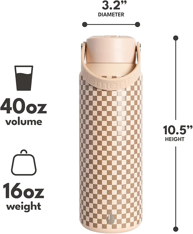Elemental 40oz Insulated Water Bottle with Straw - 100% Leak-Proof Stainless Steel Core Water Bottles for Travel, Sports and Gym - Double Wall Insulation & BPA Free - Brown Check