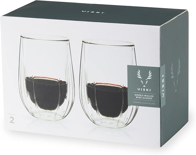Viski Insulated Double Walled Stemless Wine Glasses, Drinking Glass with Cut Crystal Design, Home Bar Accessories, Glassware, 13 oz, Set of 2, Clear