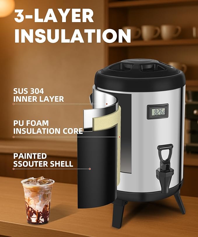 3.2 Gallon Insulated Beverage Dispenser, 12L Thermal Coffee and Drink Server with Spigot, Non-Electric Hot & Cold Drink Container for Juice, Tea, Milk, or Chocolate