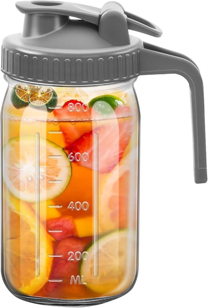 1Pc Wide Mason Jar Pitcher,32oz Glass Pitcher with Lid Double Leak-proof with Handle Water Jug Wide Mouth Breast Milk Fridge Container for Water, Juice (32oz Grey)