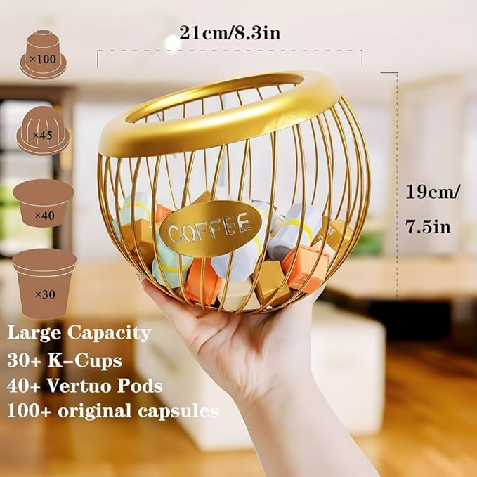 Coffee Pod Holder for Counter - Large Capacity Keurig K-Cup Organizer, Nespresso Vertuo Coffee Station Organizer, Metal Coffee Pods Storage, Coffee Bar Accessories and Decor (Gold)