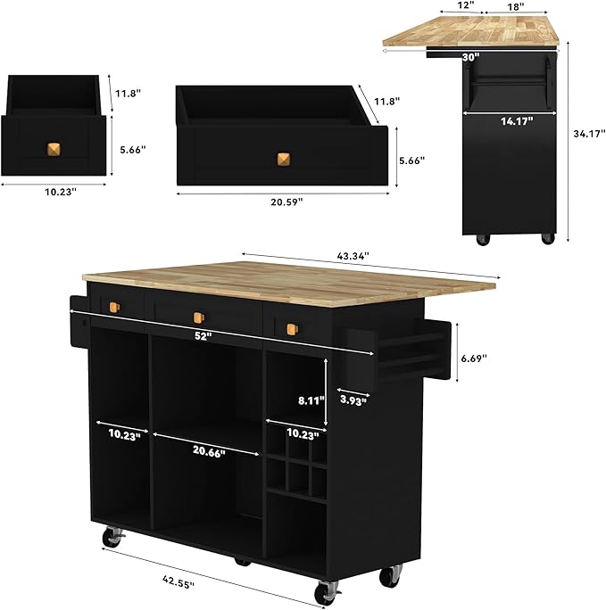 Kitchen Island with Storage, Rolling Kitchen Islands Cart with Solid Wood Countertop, Mobile Drop Leaf Kitchen Prep Table on Wheels with Wine Rack and Drawers