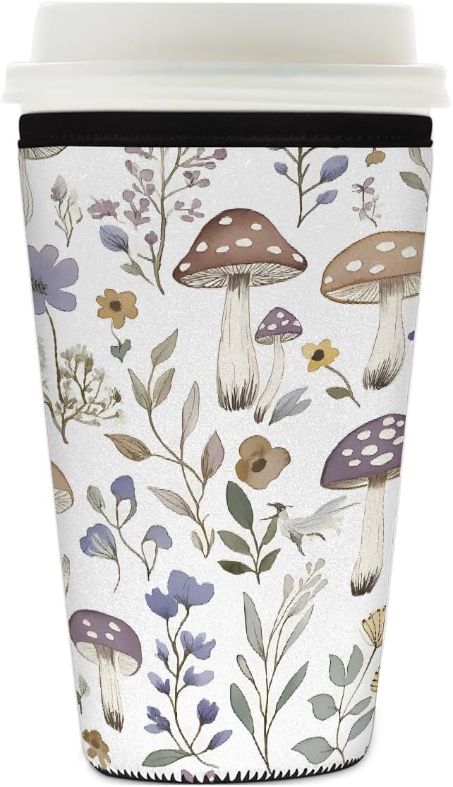 Wildflowers Mushroom Iced Coffee Sleeve for Cold Drink Cups, Reusable Neoprene Insulated Drink Sleeves Cup Cover for Beverages, Fits 26-28 oz