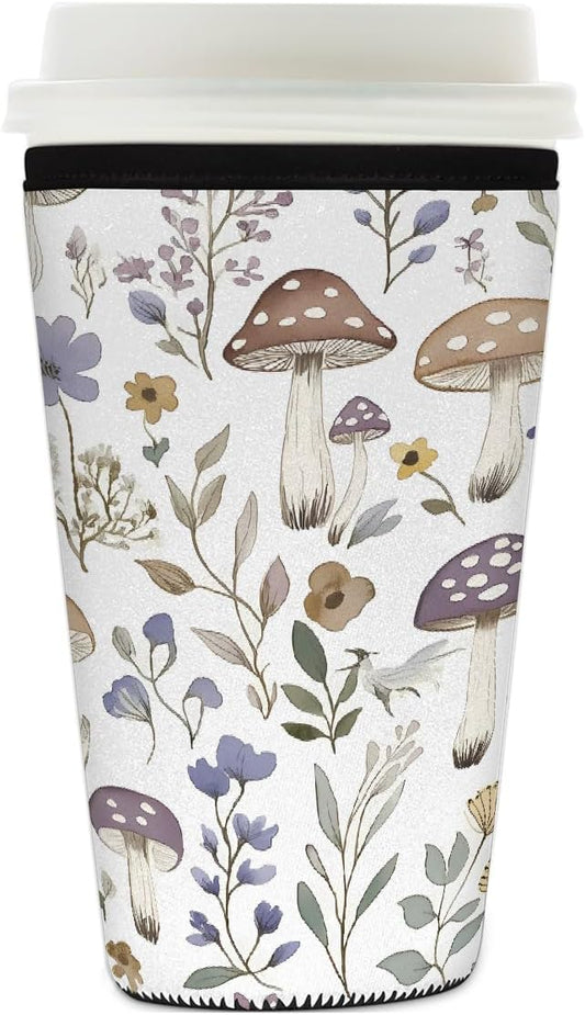 Wildflowers Mushroom Iced Coffee Sleeve for Cold Drink Cups, Reusable Neoprene Insulated Drink Sleeves Cup Cover for Beverages, Fits 26-28 oz